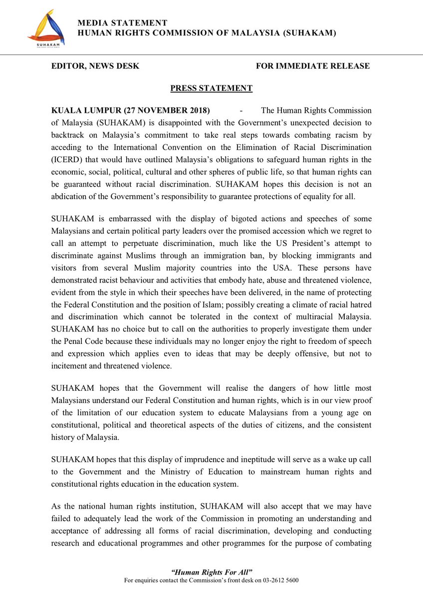 Suhakam On Twitter Suhakam Is Disappointed With The Government S Unexpected Decision To Backtrack On Malaysia S Commitment To Take Real Steps Towards Combating Racism By Acceding To The Icerd That Would Have Outlined