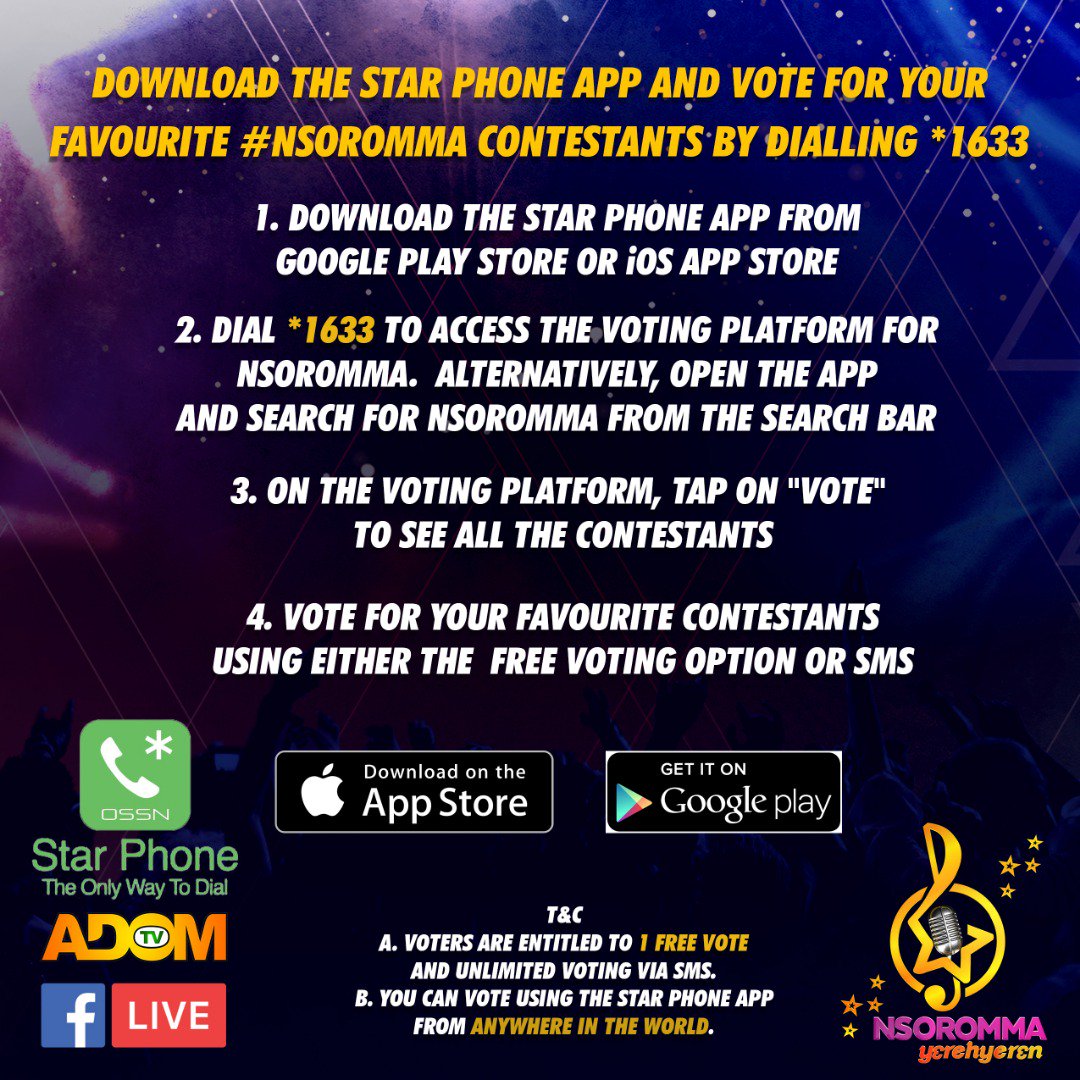 starphoneghana's tweet photo. Who is your favorite contestant for Nsoromma on Adomtv? See flyer on how to vote for that special contestant! #Adomtv #TuesdayThoughts #Evangelion @lamarmiller #SaveYourInternet #PatriciaQuintana #FelizMartes #FelizLunes #EnergyMinister #JoyNews #TuesdayMotivation #GivingTuesday https://t.co/AHbiweJNDh
