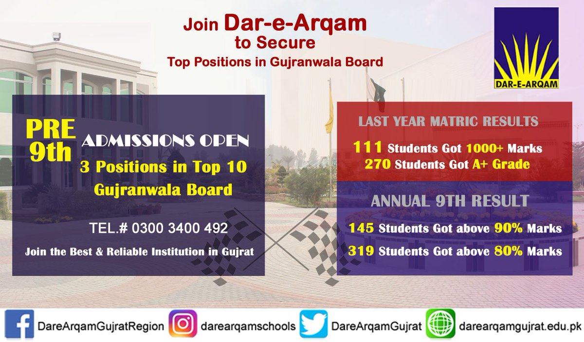 DareArqamGujrat's tweet photo. Pre 9th Admissions Open - Dar-e-Arqam schools pre-9th classes admissions open now. Join the best and reliable institution in Gujrat to secure top positions in Gujranwala Board.
#pre9 #TopPositions #GujranwalaBoard https://t.co/CvO6f7itlT