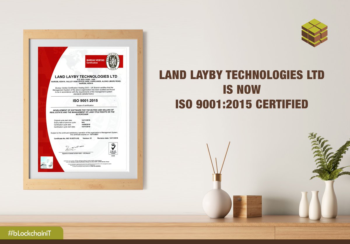 LandLayBy's tweet image. We are delighted to announce that Land LayBy Technologies Limited is now ISO 9001:2015 Certified. The certification was issued by Bureau Veritas after our administration &amp;amp; management systems were assessed &amp;amp; found compliant to international quality standards. #bLockchainiT