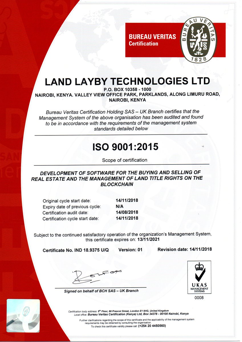 LandLayBy's tweet image. We are delighted to announce that Land LayBy Technologies Limited is now ISO 9001:2015 Certified. The certification was issued by Bureau Veritas after our administration &amp;amp; management systems were assessed &amp;amp; found compliant to international quality standards. #bLockchainiT