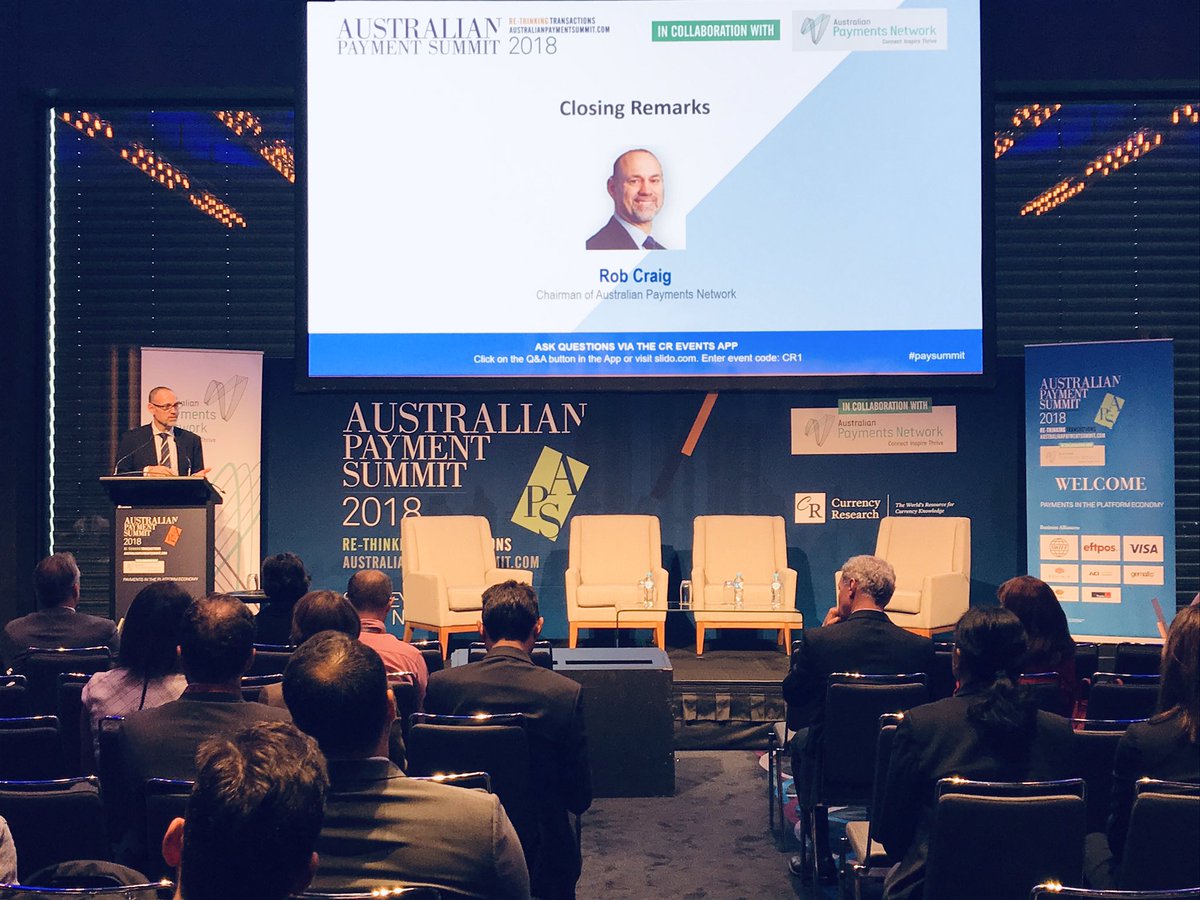 AusPayNet's tweet photo. In his closing remarks at the #AustralianPaymentSummit, @AusPayNet Chair, Robert Craig, summed up two full and stimulating days of content and debate. Our sincerest thanks to our partner @CurrencyResearch and all who participated and support! #AusPay18 #paysummit https://t.co/6PZpH6KLEN