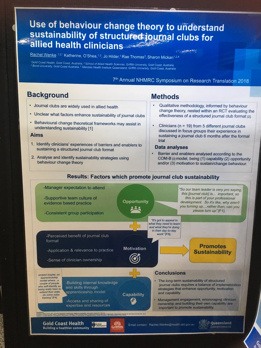 Dr Rachel Wenke (@racheljwenke) on Twitter photo How do you sustain allied health #journalclubs? Proud to be able to share poster on this question at nhmrc research translation symposium. <a href="/smickan/">sharon mickan</a> <a href="/rthomasEBP/">Rae Thomas</a> <a href="/Osheakatherine6/">Katherine Richards</a> <a href="/HilderJoanne/">Joanne Hilder</a> <a href="/GC_Health/">Gold Coast Health</a> #valueinresearch18 How do you sustain allied health #journalclubs? Proud to be able to share poster on this question at nhmrc research translation symposium. <a href="/smickan/">sharon mickan</a> <a href="/rthomasEBP/">Rae Thomas</a> <a href="/Osheakatherine6/">Katherine Richards</a> <a href="/HilderJoanne/">Joanne Hilder</a> <a href="/GC_Health/">Gold Coast Health</a> #valueinresearch18