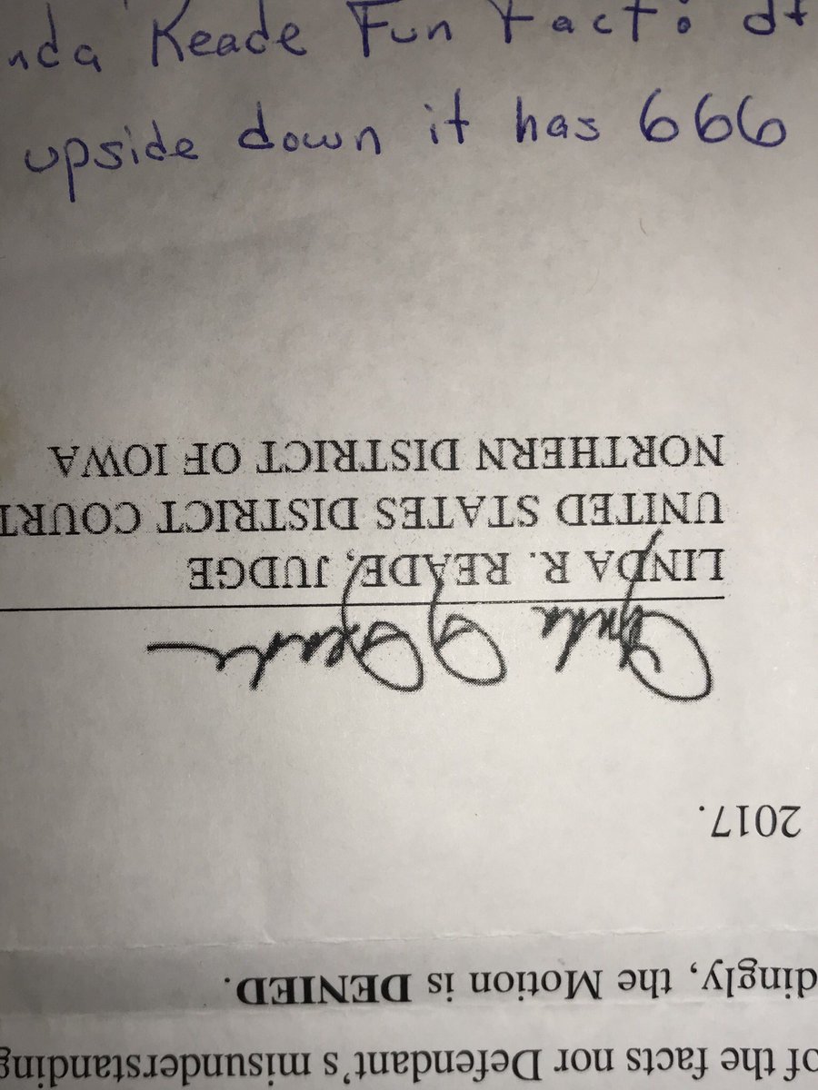Pwen73's tweet photo. One of Reade’s victims pointed this out to #RobertSharp.  #LindaReade’s signature turned upside down, bears the mark of the devil 666.  It’s clear as day as you can see.  This explains why she is so evil.  @ImpeachReade #FoxNews @FAMMFoundation #CNN #MAGA #corruption #Iowa #Wayne https://t.co/kMmtCTraPc