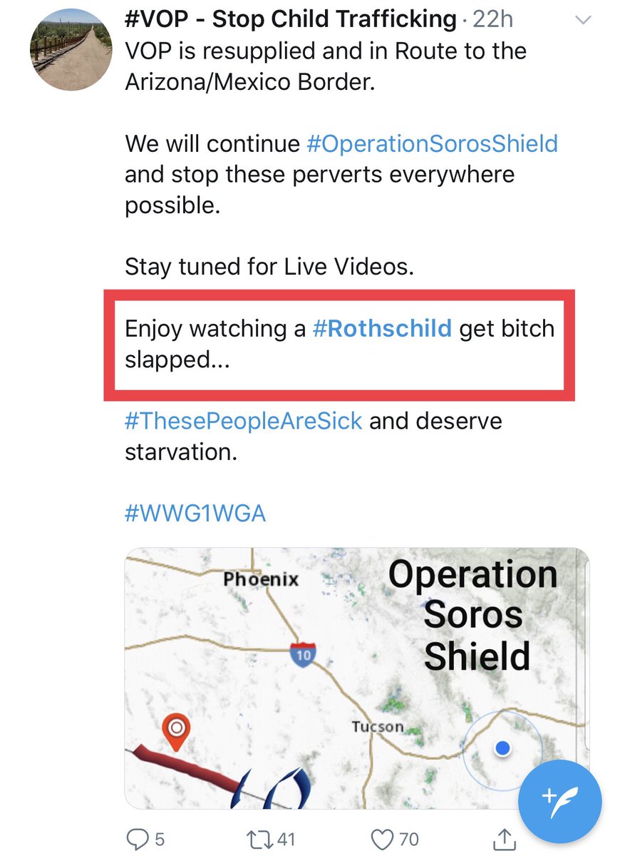 VOPwatch's tweet photo. Is #VOP / Lewis Arthur making a violent threat against Tucson Mayor Jonathan Rothschild?

“Enjoy watching a Rothschild get bitch slapped...”

#backthebrawl #operationsorosshield https://t.co/JzXdZNtoQl