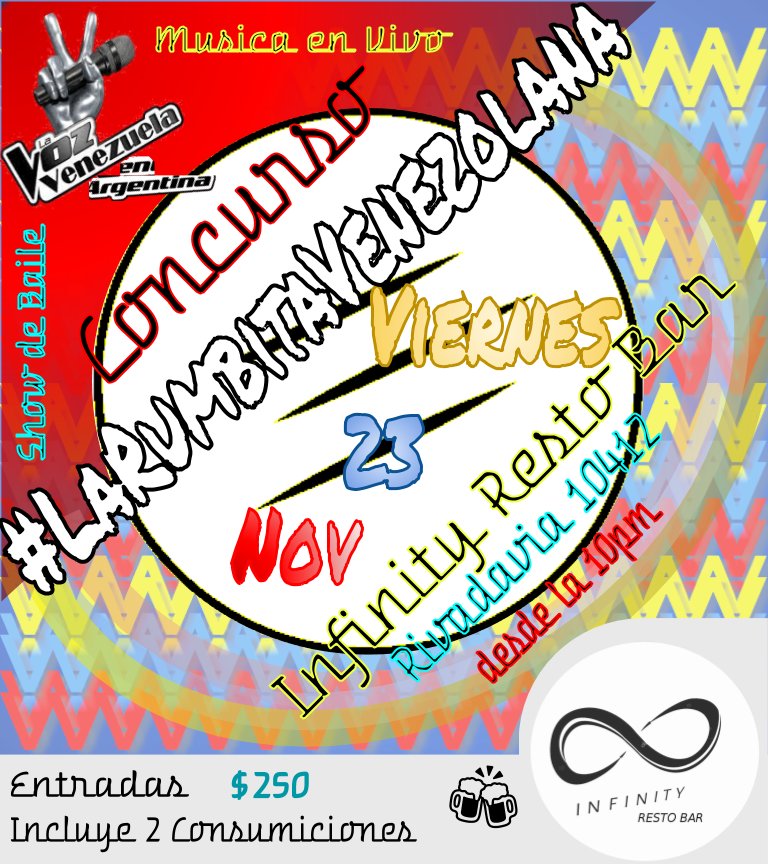 restobarinfinit's tweet image. Viernes 23 de 🇳​🇴​🇻​
Te esperamos en 𝕚𝕟𝕗𝕚𝕟𝕚𝕥𝕪 𝕣𝕖𝕤𝕥𝕠 𝕓𝕒𝕣
Rivadavia 10412 para celebrar la #LaRumbitaVenezolana🇻🇪 en CABA

Baile, Musica en vivo, Comida, Karaoke y 2 consumisiones por solo $250