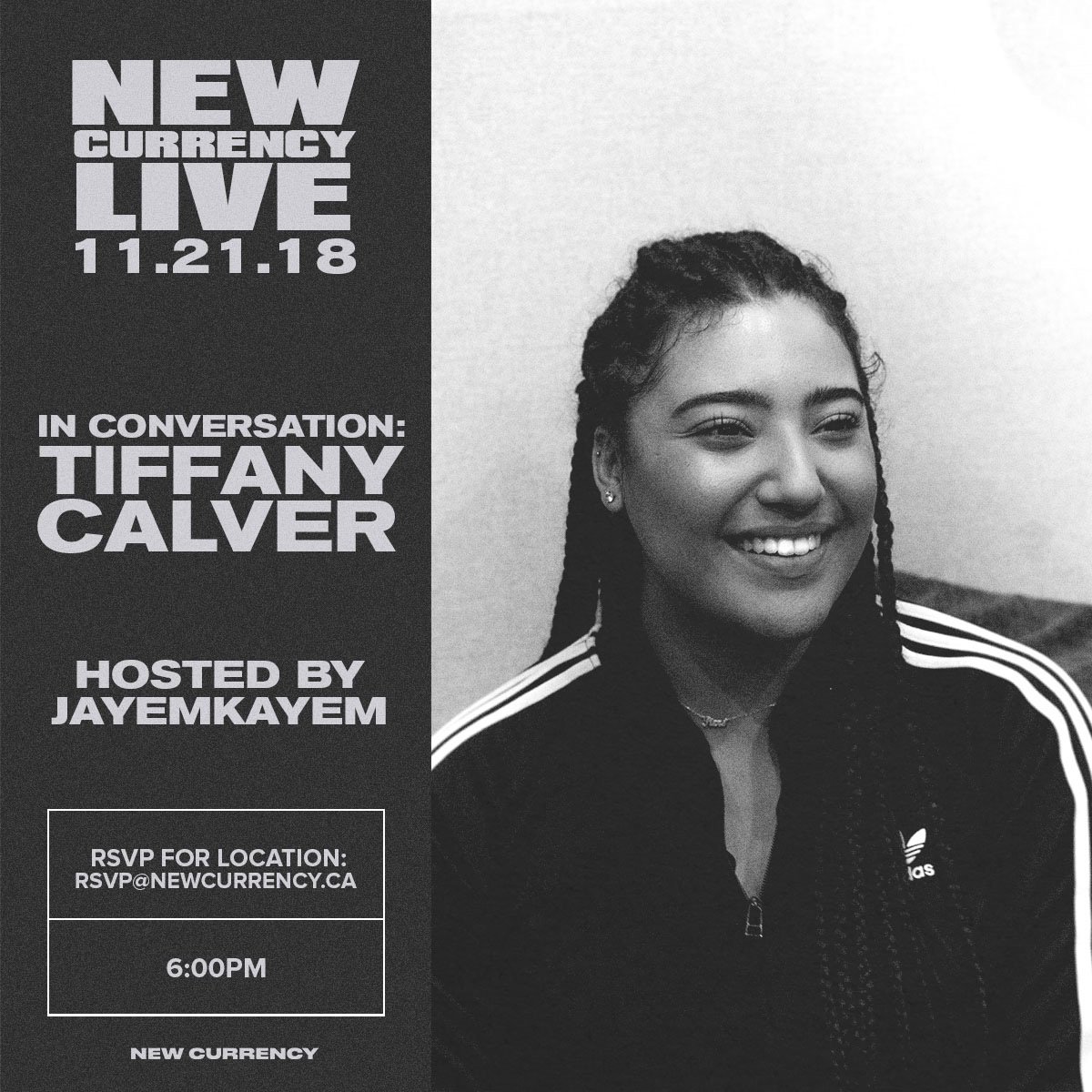 We're excited to present newly appointed host of <a href="/1xtra/">BBC Radio 1Xtra</a>'s Rap Show @tiffanycalver in conversation with Toronto's own <a href="/jayemkayem/">jayem</a>.

📍 Wednesday, November 21 at 6PM.

📬 rsvp@newcurrency.ca to attend.

🌍