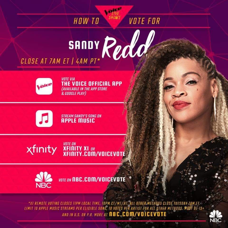 DesignGyrl's tweet photo. TONIGHT IS THE NIGHT!!! #TeamSandyRedd ♥️ #TheVoice
VOTE ❎ VOTE ❎ VOTE ❎ https://t.co/luHT9Hyk6o