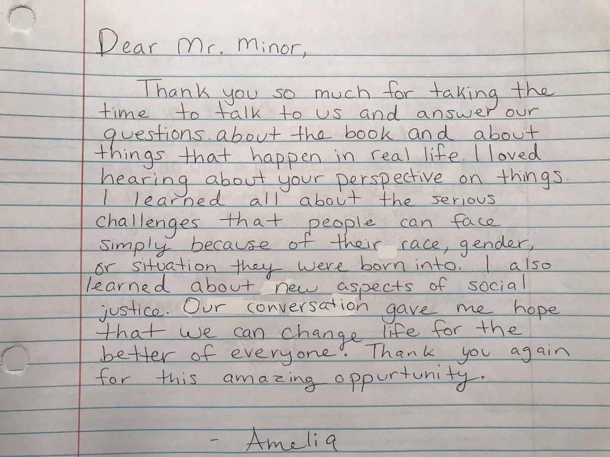 JenGuyorJowett's tweet photo. My students learned so much from the shared wisdom of @MisterMinor. Thank you for taking the time to talk to us about social justice and #swingbook. Here are some of their thank you's. https://t.co/xZA9cw9r1s
