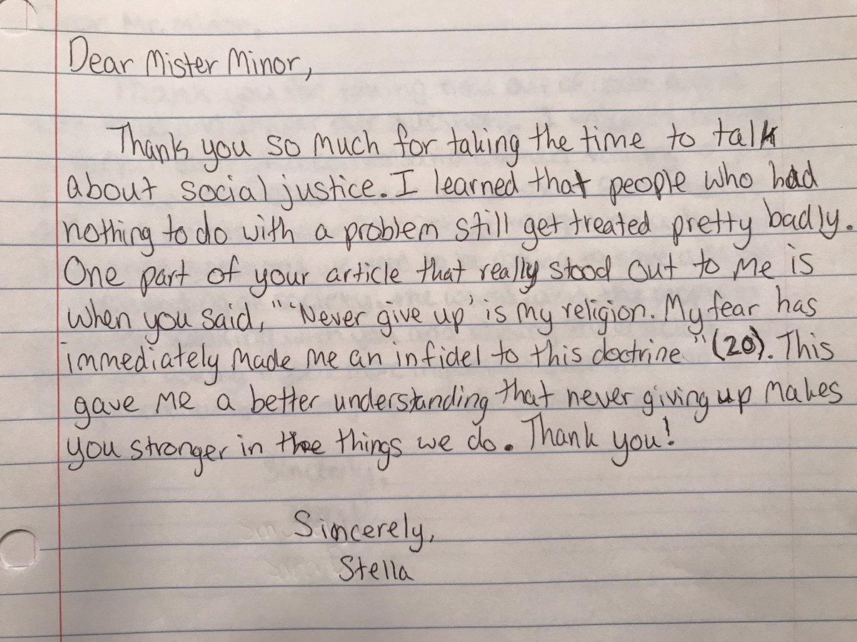 JenGuyorJowett's tweet photo. My students learned so much from the shared wisdom of @MisterMinor. Thank you for taking the time to talk to us about social justice and #swingbook. Here are some of their thank you's. https://t.co/xZA9cw9r1s
