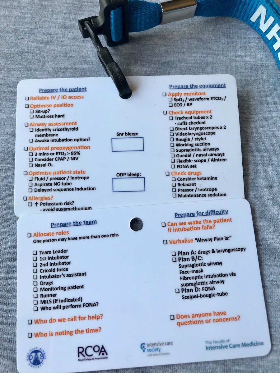 AndyHiggsGAA's tweet photo. Great idea from Sam Goodhand (Anaesthetic SpR in Wessex):

Credit card sized and designed to fix to the ICU on-call bleep.

The DAS ICS FICM RCoA Critically ill intubation CHECKLIST.

Fantastic Human Factors innovation!
Well done SAM!

Give-aways @DASEdinburgh18 

See you there! https://t.co/b8Du7faffg