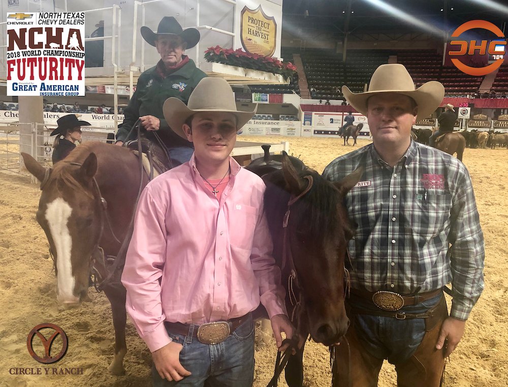 PHorseCentral's tweet photo. Austin Shepard &amp; Bama Jelly (Bamacat x Wood She Be Neat) owned by Madalyn Colgrove topped day 5 of the 2018 #NCHAFuturity 1st Go with a 220.5. Austin is shown here with his son Cade and his Dad Sam. It took a 213.5 to advance to the 2nd Go. #CircleYRanch https://t.co/TSztxHq8xd