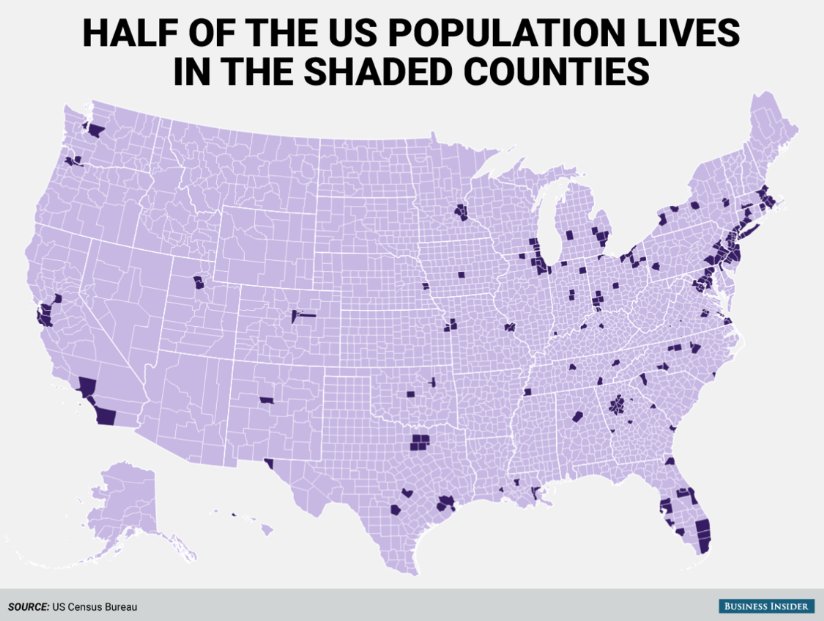 BryanDruzin's tweet image. Half of the US population lives in the dark purple areas.
(I&apos;ve never heard a strong argument for the Electoral College.) 

Data source: US Census Bureau 

#population #populationdynamics #populationstudies #Electoralcollege #mapping #maps #cartography #datavisualization