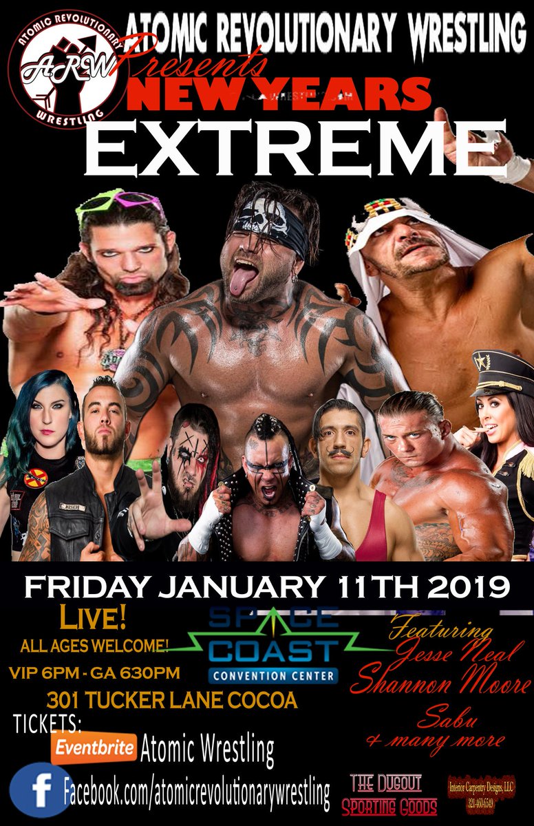 WrestlingAtomic's tweet photo. *Show Announcement* @WrestlingAtomic 1st show of 2019 will be Friday January 11th in Cocoa FL. "New Years EXTREME" W/ @TerryBrunk @TheJesseNeal @wrestlingleva @RebelTanea @TheShannonBrand @GarettBischoff @Wesbrisco @deviousjourney @Wesbrisco #NewFaceOfEXTREME #AtomicSTRONG https://t.co/72OPnm0A2W