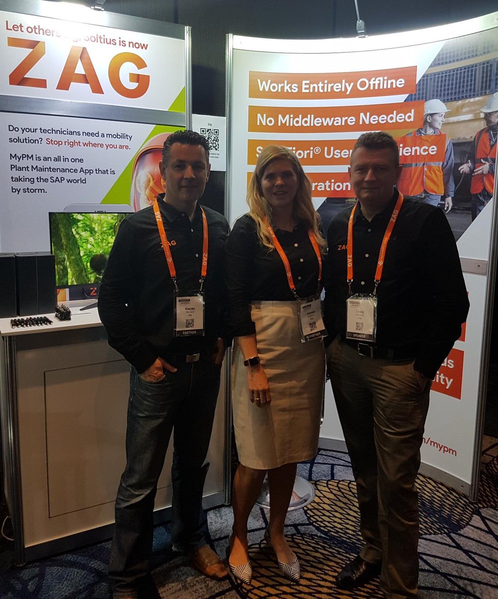 ZagGlobal's tweet photo. Zaggers Kieran McCaul, @GlendaGodfrey and @craig_zag at #MasteringSAP EAM in Gold Coast showcasing Zag's MyPM app for #AssetManagement. Drop by and say hi! https://t.co/3J7OUdNTh8