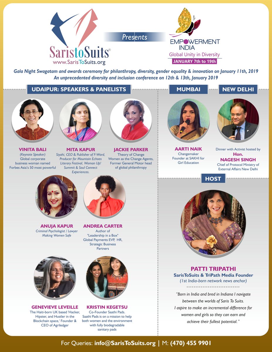 PattiTripathi's tweet photo. SarisToSuits marks 7 years w/ a trip to birth country! Great speakers/panelists. https://t.co/SVyXONCXZm JOIN US. UDAIPUR JAN 12 & 13 #GlobalUnityInDiversity #EmpowermentIndia2019 #SarisToSuits #MakeABetterWorld #genderequity #socialjustice @TheMoniBasu @roopaonline PLZ SHARE! https://t.co/TCRSKtvfL9