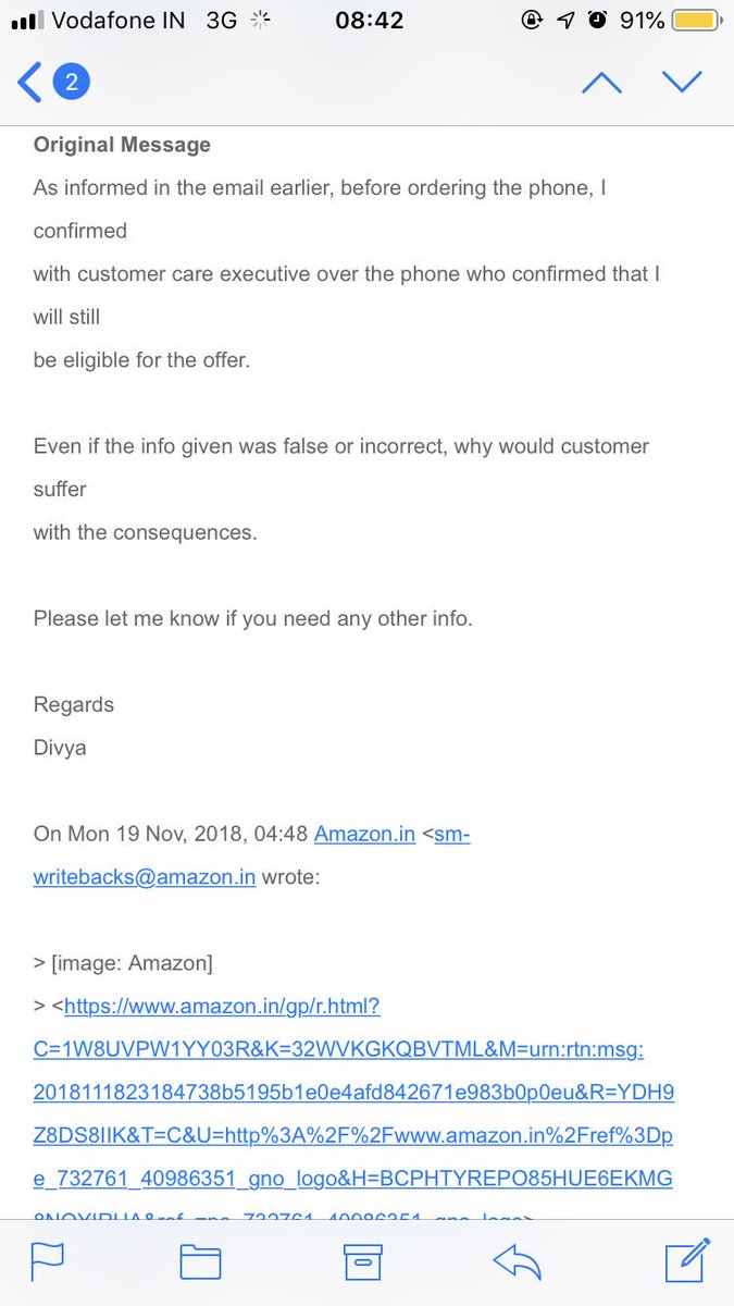 RahulGoyal2911's tweet photo. @AmazonHelp I’m wondering if amazon customer service guys even read the response before giving the clarification?? Please see attached the screen prints of original email from you, my response and your update (which is nothing but copy paste of your first email)... https://t.co/L1ZjPKdFhj
