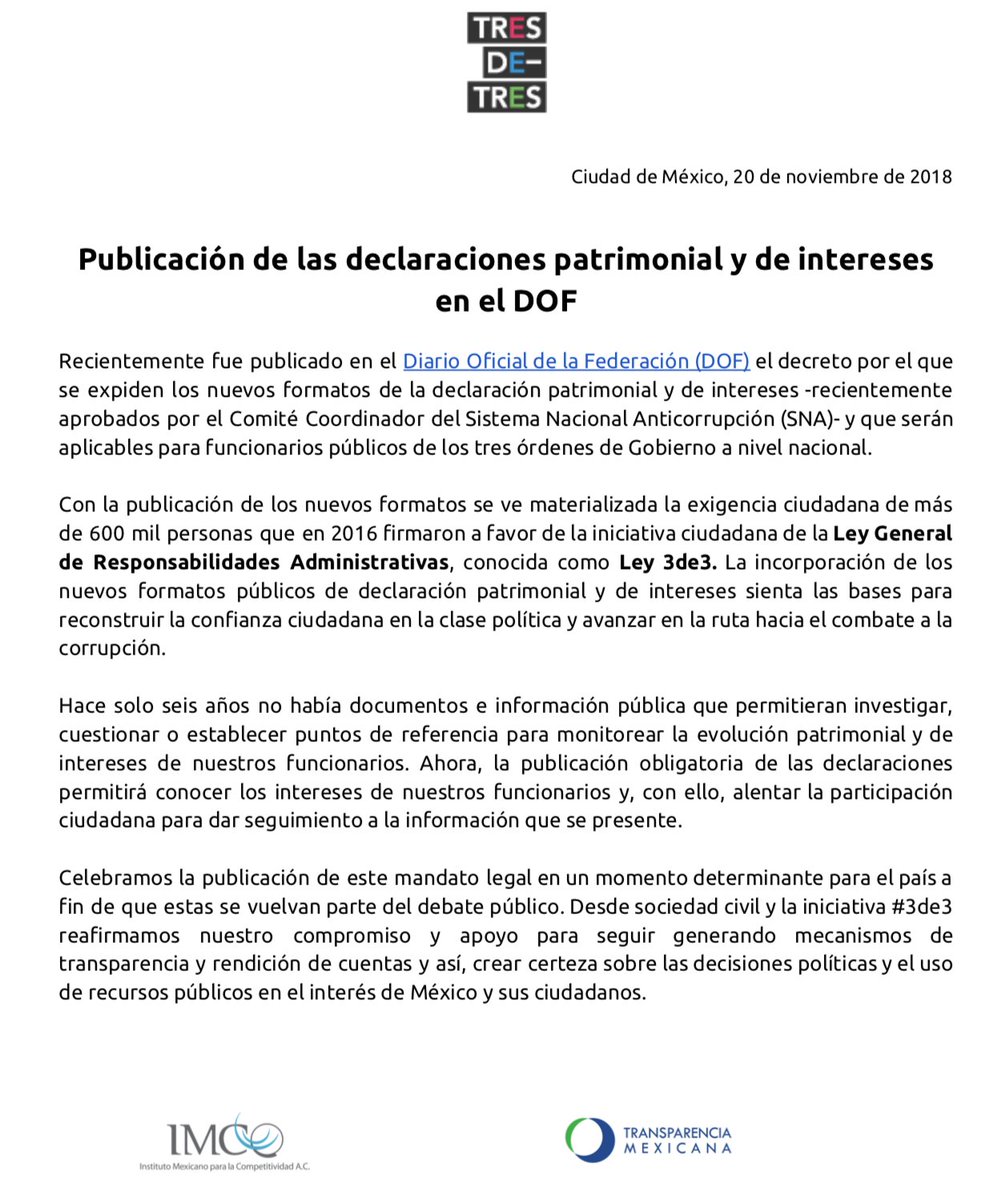 🗣️634 mil personas firmaron la #Ley3de3 en 2016, dos años después son publicados los formatos de declaraciones patrimonial y de intereses que serán aplicables a funcionarios públicos de los tres ordenes de gobierno a nivel nacional