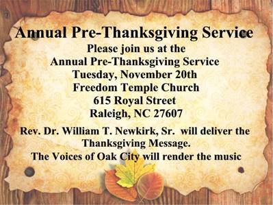 OakCityBaptist's tweet photo. Join us tomorrow night for our Annual Pre-Thanksgiving Service beginning @7:00pm as we worship with our neighbors Freedom Temple Church. Hope to see you there! https://t.co/hec580xdB0