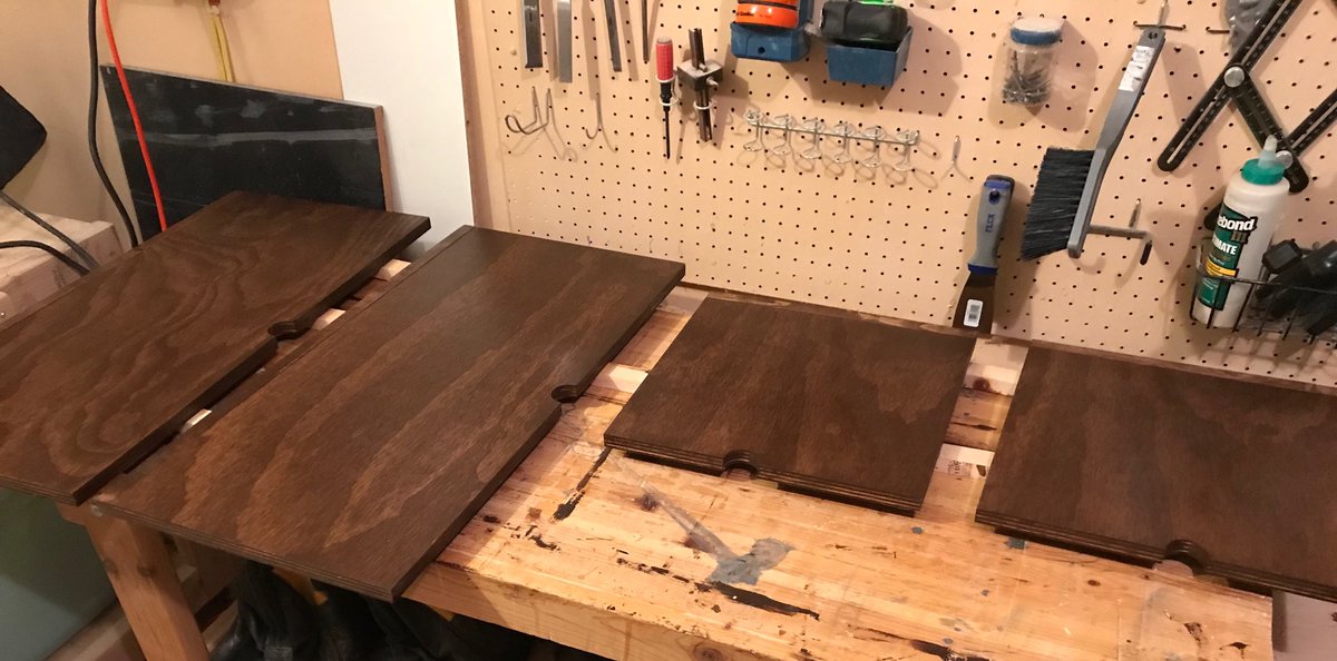 SlashLurk's tweet photo. Last of the shelves drying. Stay tuned for final reveal tomorrow! #woodworking #itsalmostdone https://t.co/OXrbLQ61B2