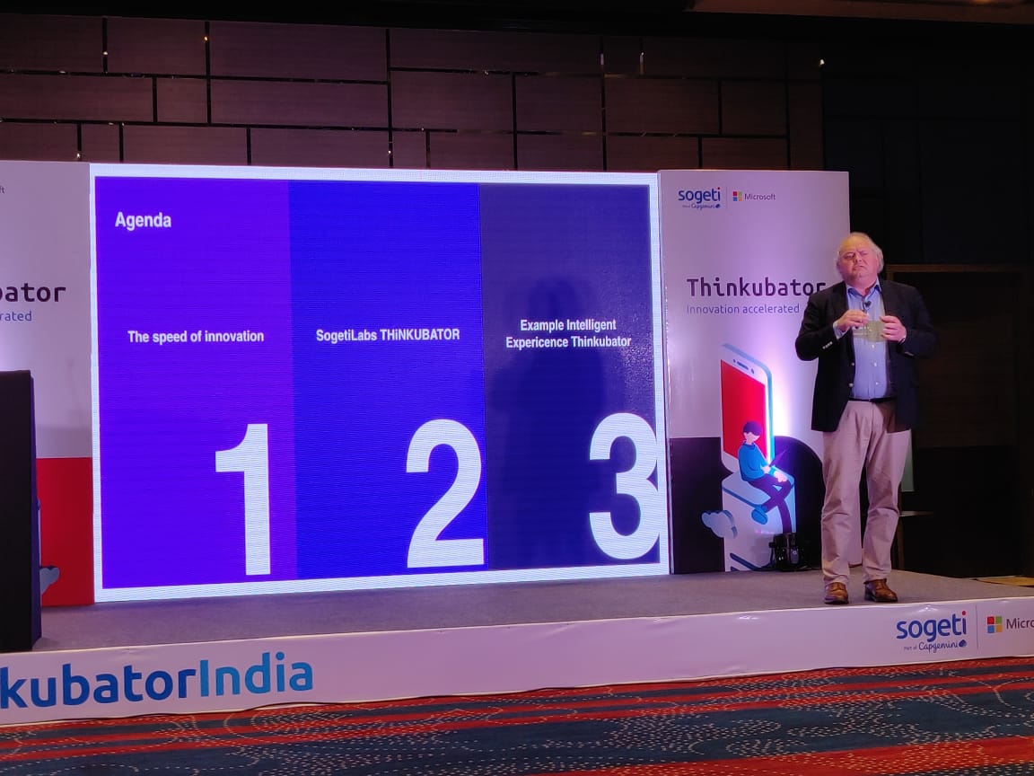 CapgeminiIndia's tweet photo. "Making you experiment, measure, learn and then experience - the Thinkubator approach" -  @michielbo, Global CTO, @sogeti explains the #Thinkubator model. #Thinkubator2018 #ThinkubatorIndia https://t.co/vb4qFehMlM