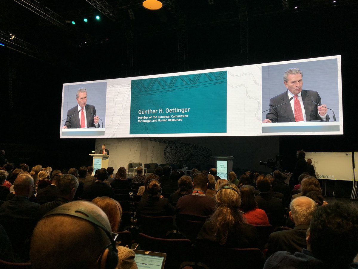 rmarvao's tweet photo. Commissioner Oettinger delivering a message on the importance of SMEs in Europe and some of the challenges the future is bringing #DecreasedEconomy #LowerGrowth #DebtIncreasing #LowerTrust #USAtractingCorporates #TradeDisputes #ClosedWorldTrade #PopulismRising #SMEAssembly2018 https://t.co/UAeL1ahk4U