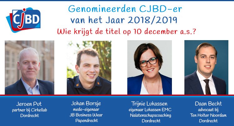 De genomineerde voor #CJBd-er van het jaar 2018/2019 zijn bekend. Op 10 december word de uitslag bekend gemaakt bij de netwerkavond van <a href="/CJBdrechtsteden/">CJB Drechtsteden</a> in Kinepolis Dordrecht. Gefeliciteerd <a href="/TweetJeroenPut/">Jeroen</a> <a href="/JBBorsje/">Johan Borsje</a> Trijnie Lukassen en Daan Brecht!