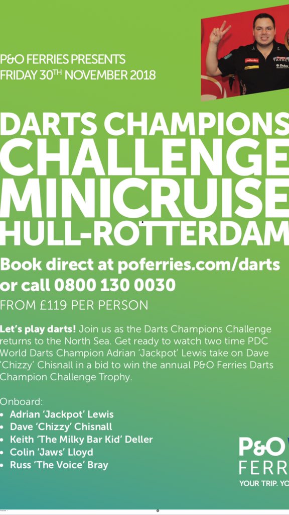Keith Deller (@KDeller138) on Twitter photo 2018-11-20 09:47:32 Only 2 weeks away. Nearly 500 coming on for this great 2 Darts party on @POferries Hull - Rotterdam. Main match @jackpot180 v @ChizzyChisnall plus @ColinJawsLloyd @Russ180 and Myself. Live band & Disco and day st Amsterdam. Get the final bookings ๐ฏ๐บ Only 2 weeks away. Nearly 500 coming on for this great 2 Darts party on @POferries Hull - Rotterdam. Main match @jackpot180 v @ChizzyChisnall plus @ColinJawsLloyd @Russ180 and Myself. Live band & Disco and day st Amsterdam. Get the final bookings ๐ฏ๐บ