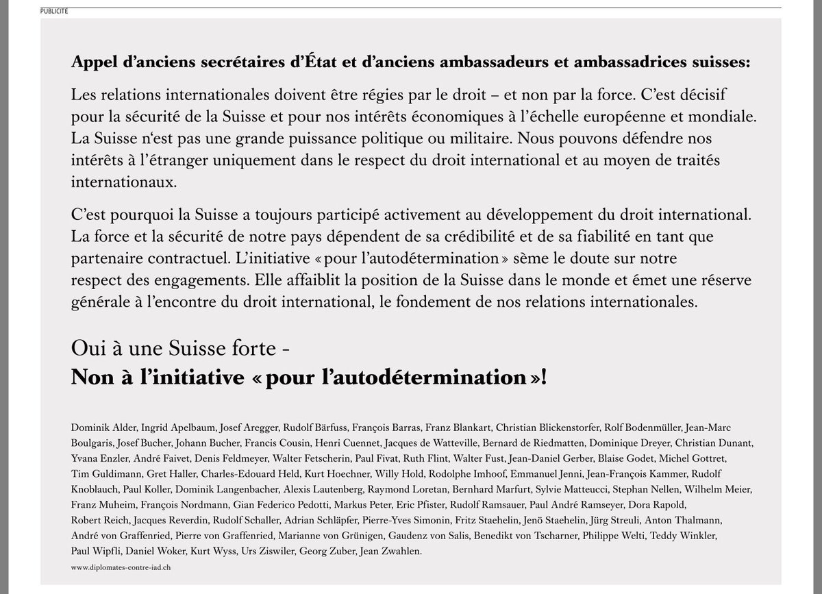 operationlibero's tweet photo. 74 ancien.nes ambassadeur.rices et secrétaires d’Etat lancent aujourd’hui dans la presse un appel à rejeter l’initiative « pour l’autodétermination ».
#IADnon #SBInon #IADHnon https://t.co/shwXH42gyd