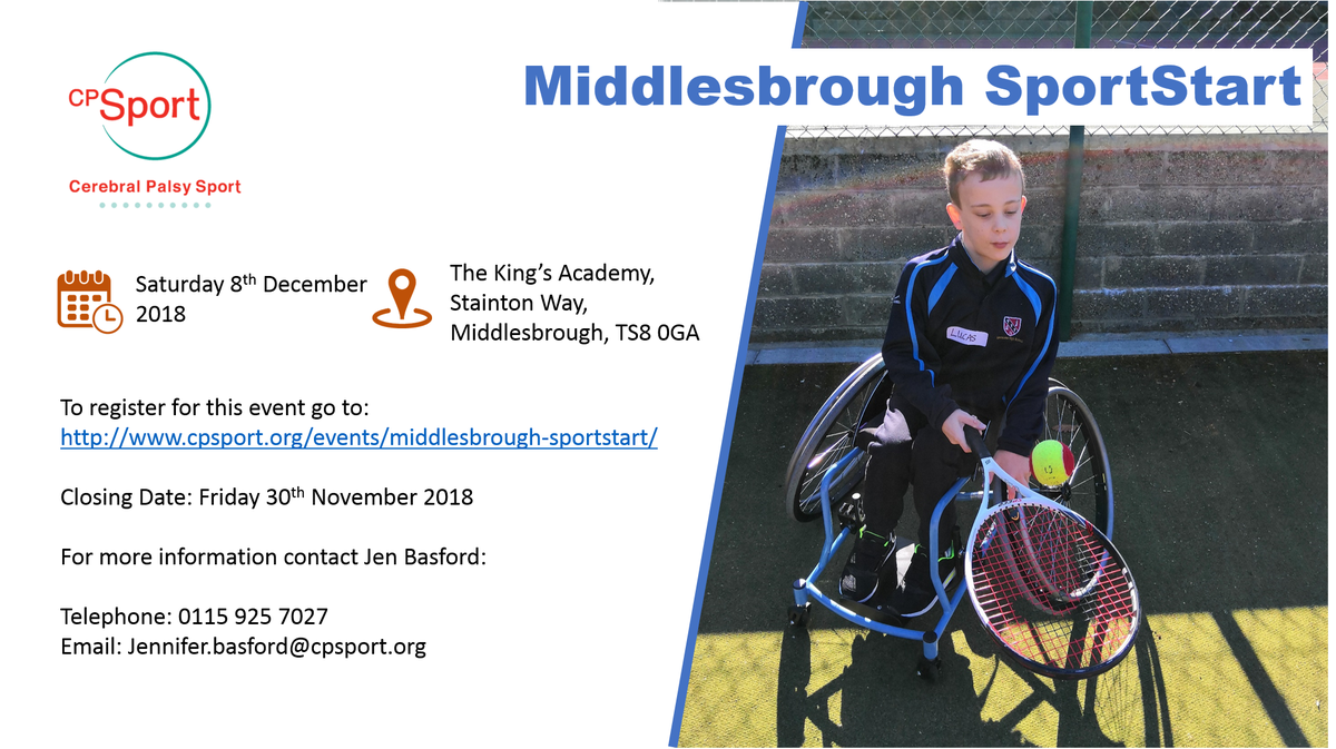 CP_Sport's tweet photo. Our next SportStart event takes place in Middlesbrough on Sat 8th Dec. Why not try our fun multi sport event - for children and adults with cp or a physical disability to try new sports with local clubs. Find out more here: https://t.co/U2l8wZYewo #PlayParticipateEnjoy https://t.co/HN0HTaRKO9