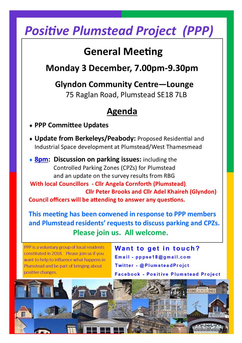 PlumsteadProjct's tweet photo. Additional General Meeting arranged for 3 December 7.00pm at the Glyndon Community Centre. Parking/CPZs in Plumstead discussion at 8pm. With local Cllrs from Plumstead and Glyndon.  All welcome. https://t.co/SOzzP7SAS1