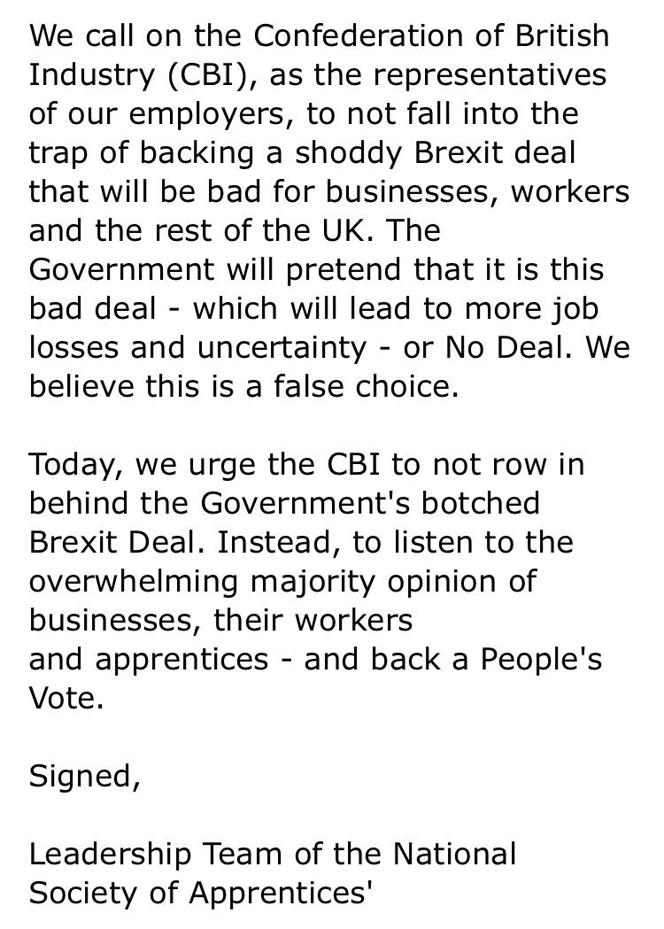 FFSake_'s tweet photo. The Leadership team of the National Society of Apprentices - the representative voice of 400,000 apprentices across the U.K. - call on @CBItweets &amp; @cbicarolyn to not support this shoddy Brexit deal for tomorrow’s workers, and instead back a #PeoplesVote 
#FFS https://t.co/GxtGKdfYs4