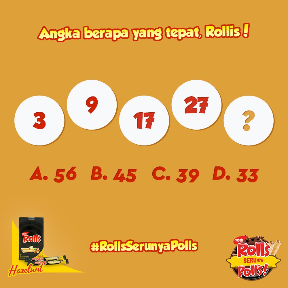Lets_Rolls's tweet photo. Rollis, waktunya asah kemampuan matematika kamu nih!
Coba jawab, angka berapa yang tepat untuk melengkapi deret bilangan ini?
Reply ya, Rollis!

#NgobRolls #RollsSerunyaPolls https://t.co/t6VF89Spz0