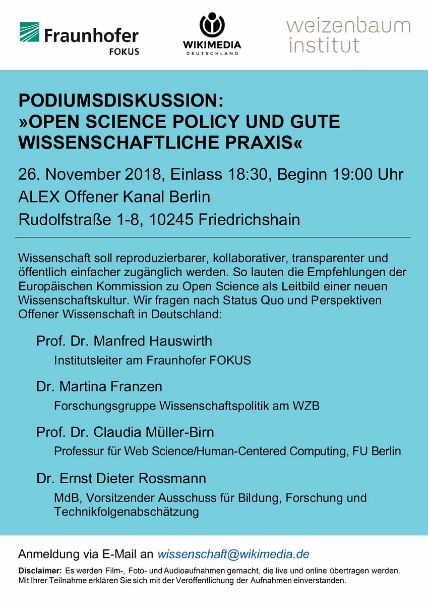 fraunhoferfokus's tweet photo. Schon angemeldet für den 26.11., das Event bei @ALEX_berlin_de? Thema: "#OpenScience Policy und gute wissenschaftliche Praxis".
Es diskutieren unser Institutsleiter Prof. @m_hauswirth und @edrossmann, @clmbirn, @MartinaFranzen, @friedelitis. Anmeldung: https://t.co/Z13YxhSqKH https://t.co/45MKY2wBhJ