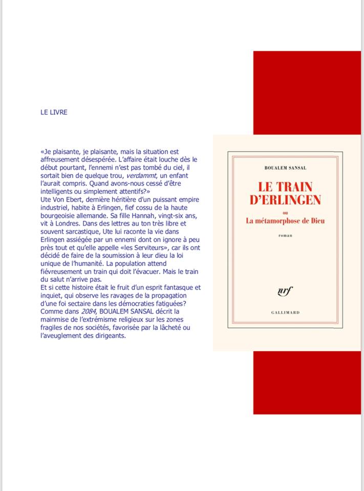 #Partenariat Mardi 27 novembre à partir de 18h, #RacinesdeCiel organise au <a href="/PalaisFesch/">Palais Fesch Ajaccio</a> une rencontre avec #BoualemSansal  auteur chez <a href="/Gallimard/">Gallimard</a> de l'ouvrage "Le train d’Erlingen ou La métamorphose de Dieu" 📖

Lien vers l'ouvrage: gallimard.fr/Catalogue/GALL…
