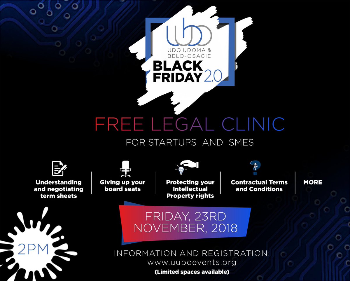 Our partners <a href="/uubolaw/">Udo Udoma & Belo-Osagie</a>  running free legal clinic on Friday 23rd November .... expert advise for startups and SMEs .... sign up now !! Not to be missed