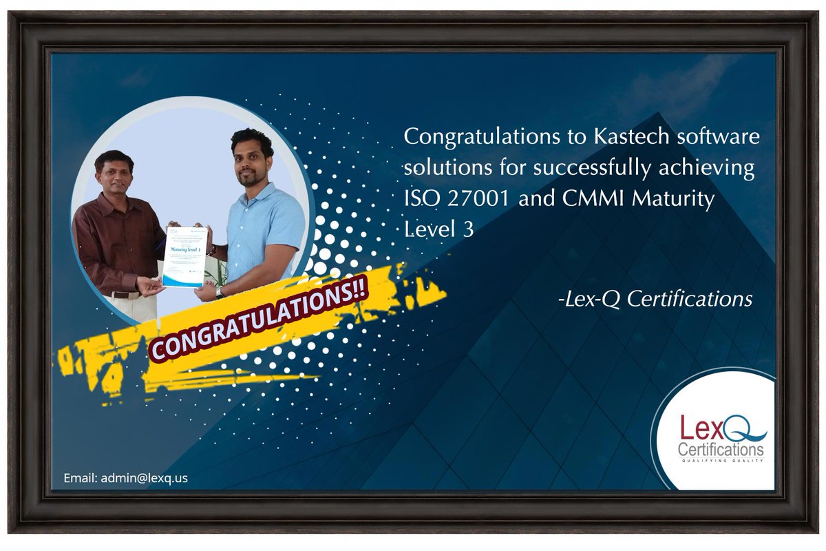 LexQCertificate's tweet photo. Congratulations to Kastech Software Solutions for successfully achieving ISO 27001 and CMMI Maturity Level 3.
https://t.co/UeuX3iBXGJ
#LexQCertifications #Quality #ISO #CMMI #CMMIInstitutePartners #CMMIAppraisals #ISOcertificationbodiesinHyderabad #ISO27001internalauditortraining https://t.co/Mr8Q146YBV