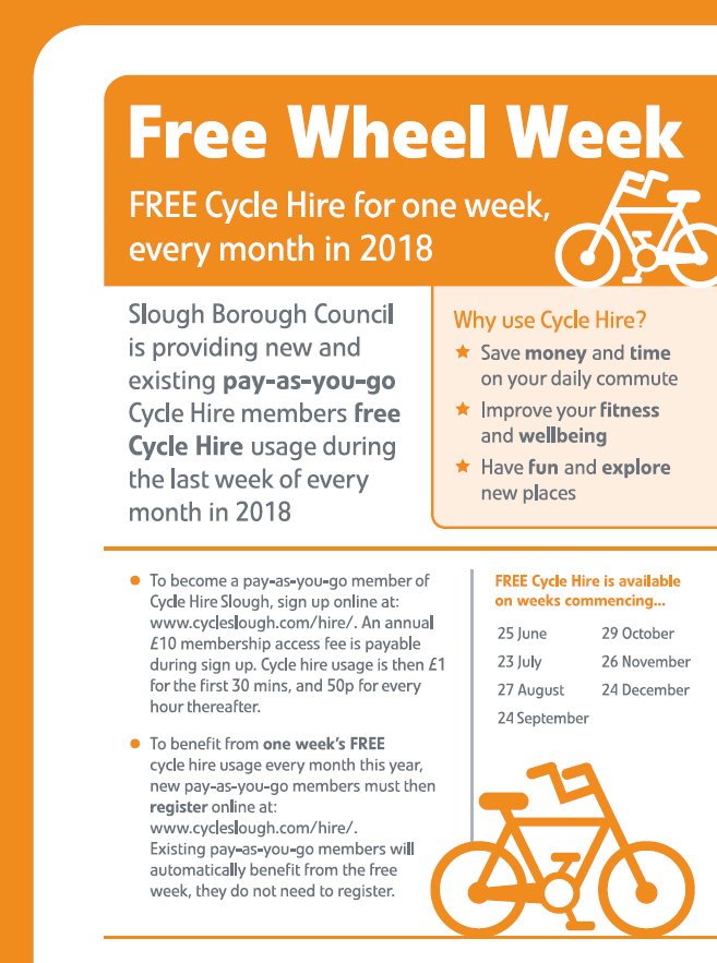 CycleSlough's tweet photo. Next week is #freewheelweek! Where new & existing pay-as-you-go Cycle Hire #Slough members can enjoy FREE usage during the last week (including the weekend!) of EVERY month in 2018! Sign up today at: https://t.co/FA72FZpUzn #betterby #cycleslough #transporforslough #berealistic https://t.co/xSa51IWRrd