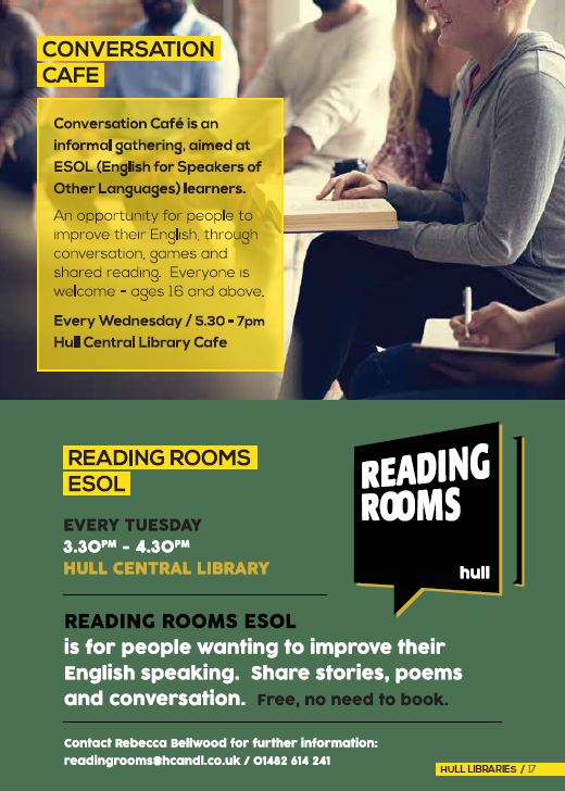 hull_libraries's tweet photo. Weekly ESOL sessions at Central Library, FREE, no need to book!  #OurDay2018 https://t.co/l7yuthB9Uv