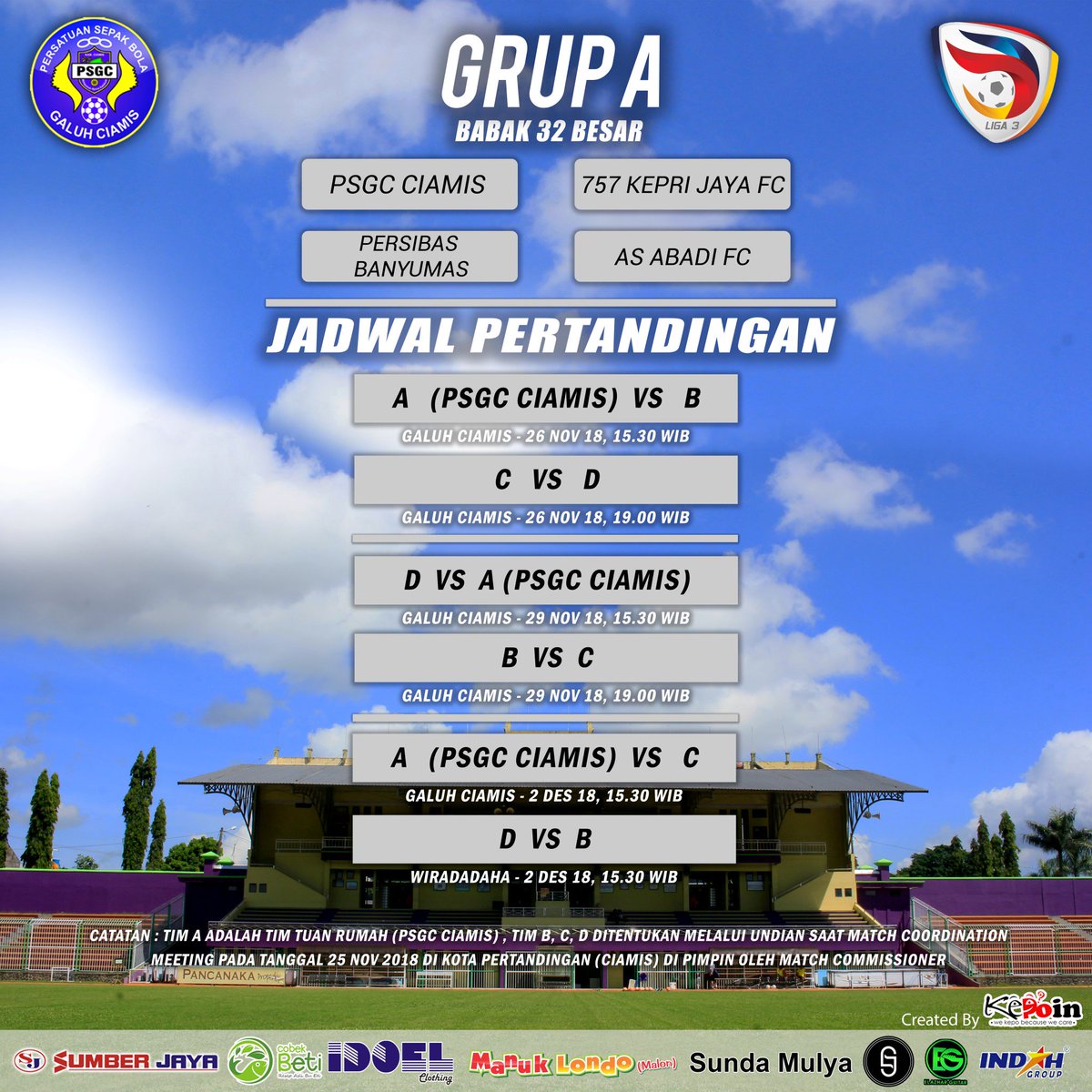 PSGC_Ciamis's tweet photo. Jadwal PSGC CIAMIS
Liga 3 Putaran Nasional
Babak 32 Besar GRUP A
.
#sumberjaya #cobekbeti #elazharguitar #sundamulya #idoelclothing #manuklondo #indahgroup #sportsgez https://t.co/nITOeoWjIt