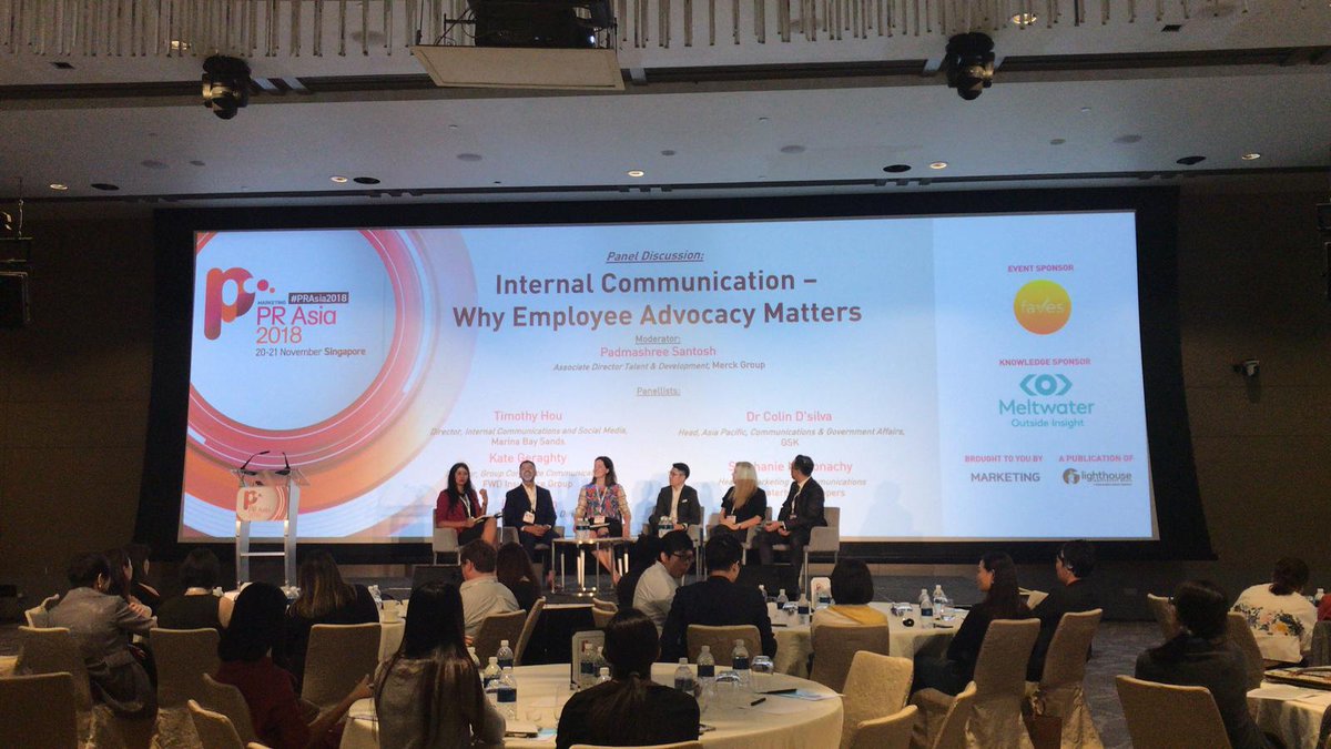 MarketingEds's tweet photo. Talking about employee branding, we have @DrColinDsilva, @GSK; Stephanie McConachy, @PwC; @GlennLimQH, @towertransitSG; and Kate Geraghty from @FWDInsurance, Timothy Hou, @marinabaysands. Moderating the panel is Padmashree Santosh from @merckgroup #PRAsia2018 https://t.co/NP6GnCpMDb