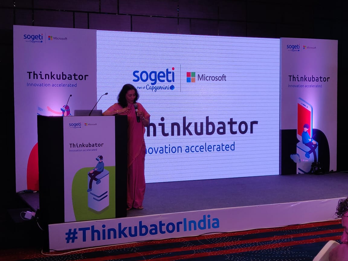 CapgeminiIndia's tweet photo. "Many of you are already innovating, I'm sure today through these Thinkubator sessions, you can take key takeaways how differently you can innovate" says Aruna Jayanthi (Managing Director, Asia Pacific and Latin America Business Unit, Capgemini) #ThinkubatorIndia #Thinkubator2018 https://t.co/LXDgHQmbfu
