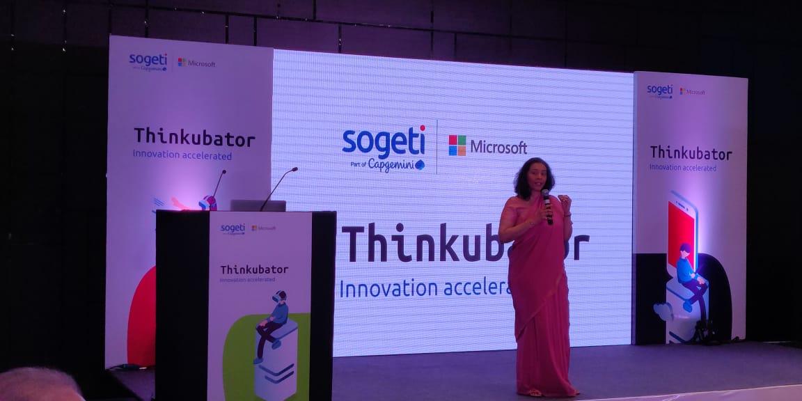 CapgeminiIndia's tweet photo. "How are we using anything and everything around us to find simple solutions for complex problems? That's #innovation to me." - Aruna Jayanthi (Managing Director, Asia Pacific and Latin America Business Unit, Capgemini) at the launch of #ThinkubatorIndia. #Thinkubator2018 https://t.co/peVxDe76T6