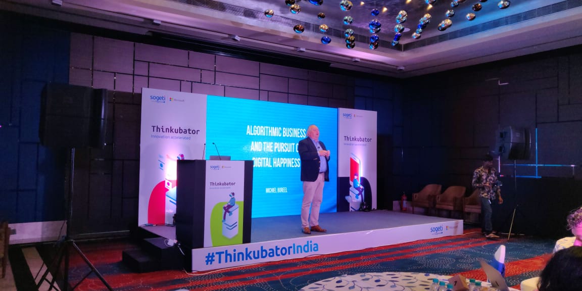 CapgeminiIndia's tweet photo. "Why is technology important and what can you get out of it?" - @michielbo, Global CTO, @sogeti takes the stage to talk about 'Algorithmic Business and the Pursuit of Digital Happiness'. #ThinkubatorIndia #Thinkubator2018 https://t.co/RVNHhyPyq1