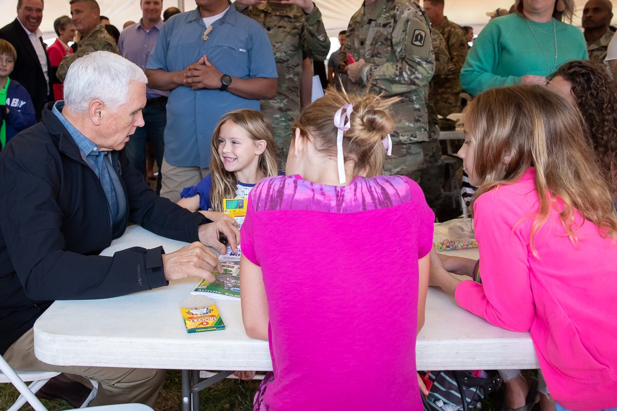 realMarlonBundo's tweet photo. When my Grampa the @VP visited Florida to cheer people up after Hurricane Michael, it didn't get a lot of media coverage. But I think these photos are too cute not to share. That's the #PencePets in the coloring book, BTW.🖍️🇺🇸👨‍🦳 https://t.co/oBv2hykXnX
