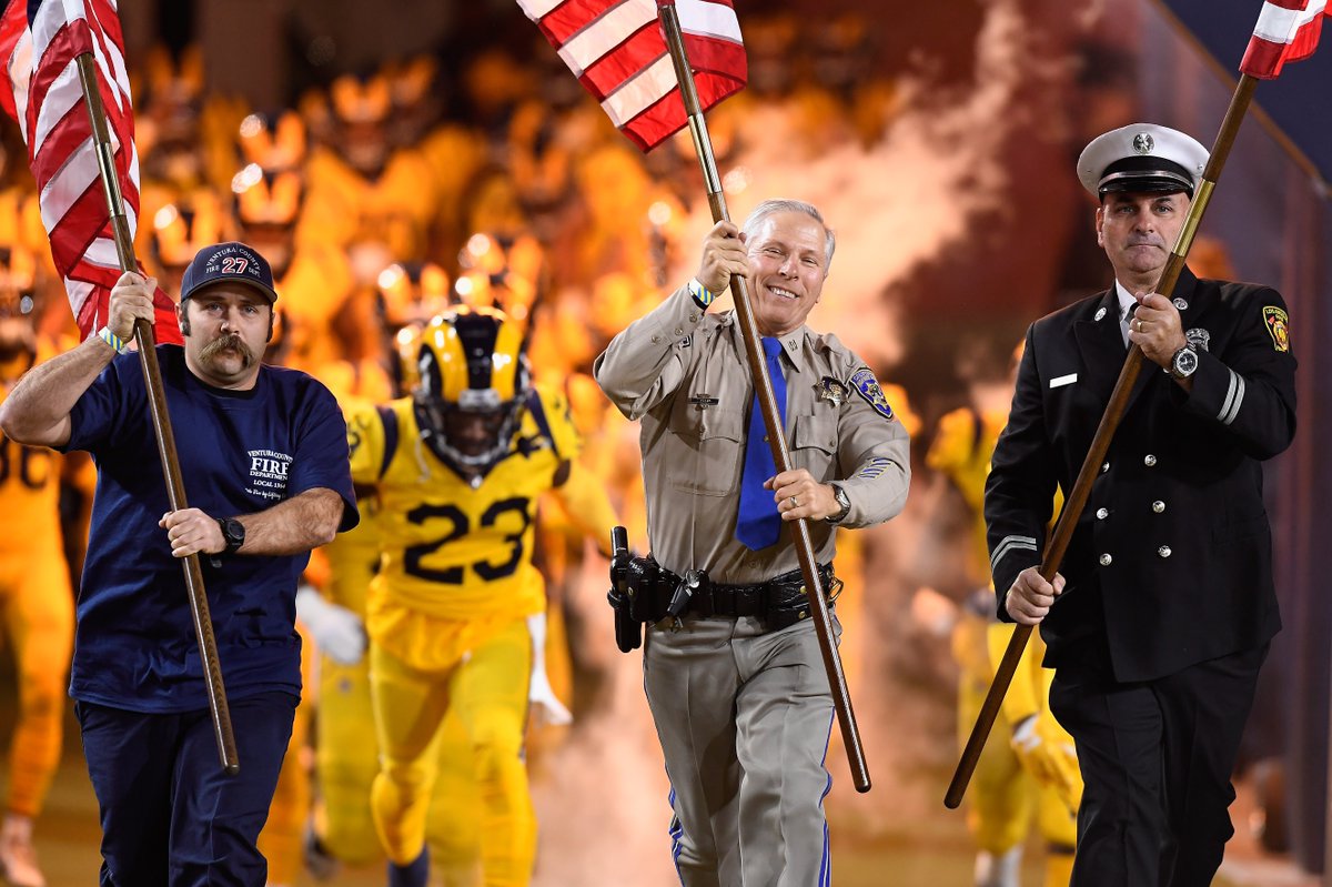 CBSLosAngeles's tweet photo. With emotions still raw and recovery efforts underway following the #WoolseyFire and the #BorderlineBar massacre, the Rams used their matchup with the Chiefs to honor first responders and victims of both incident https://t.co/cA8dY0I5RC https://t.co/JNz0PZYJbB