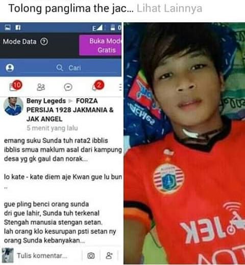Mas Bro <a href="/InfokomJakmania/">the Jakmania</a> tolong cari orang ini,silahkan hina tim atau suporternya tapi jangan masuk ke wilayah Ras&amp;Suku dan sesungguhnya wilayah Jakarta atau sunda kelapa adalah sama ber Ras Sunda......