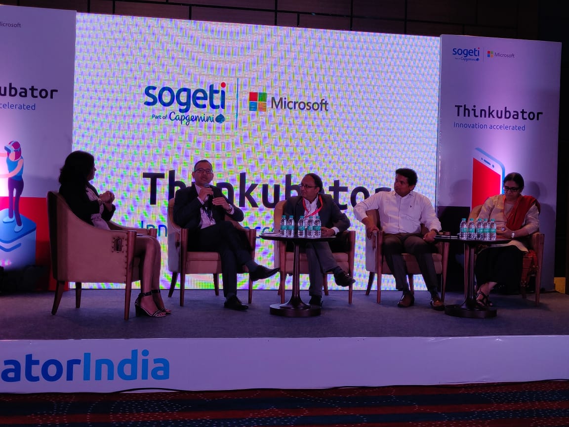 CapgeminiIndia's tweet photo. "One end of the spectrum is low-cost innovation, and other end is high-end technology such as #AI." - Tanmay Agarwal on what innovation is he proud of. #ThinkubatorIndia #Thinkubator2018 https://t.co/L0JvK4TMwU