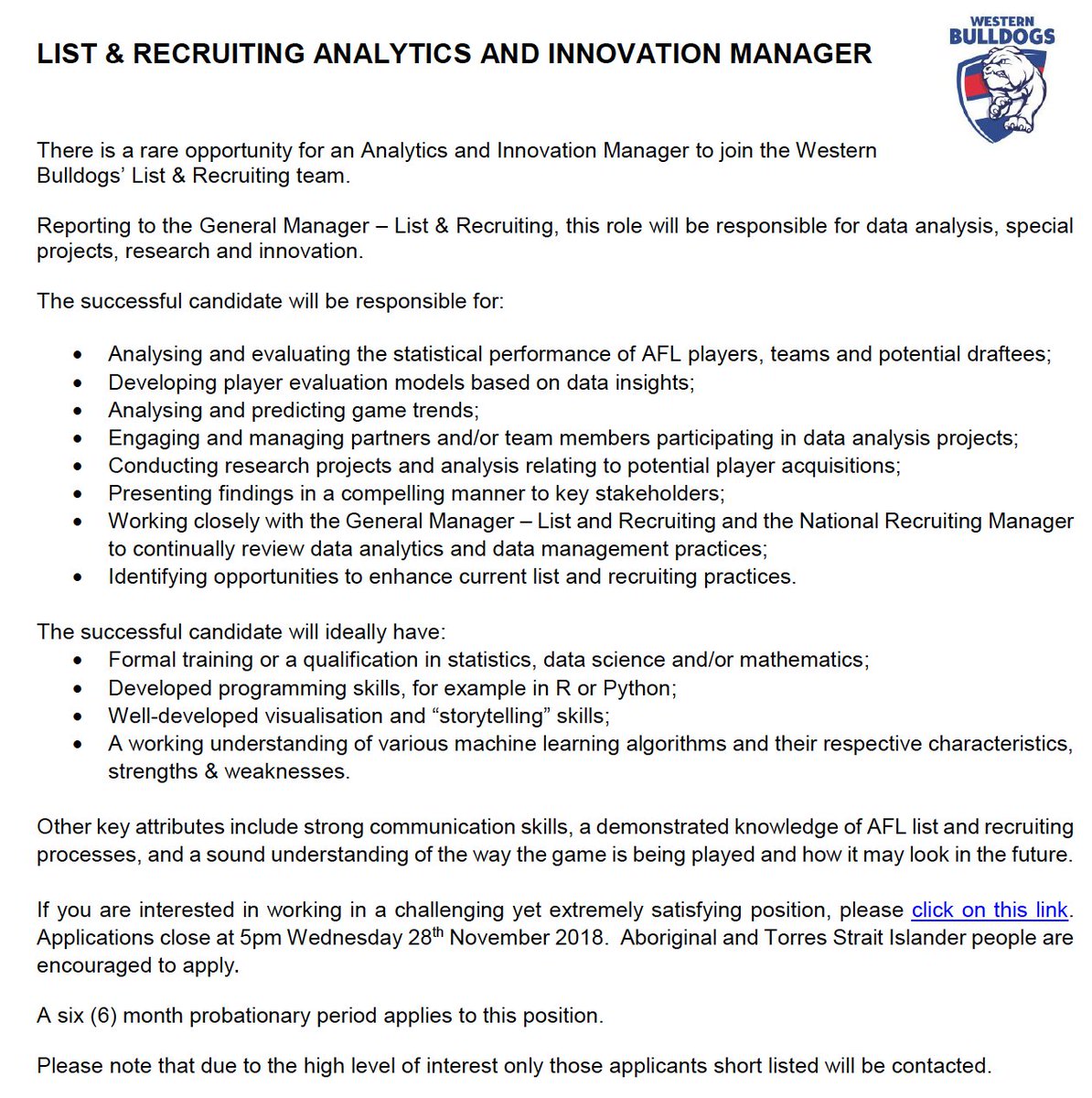 Robertson_SJ's tweet photo. New position: List &amp; Recruiting Analytics and Innovation Manager @westernbulldogs https://t.co/7jyMALHADj https://t.co/58yXmpebRx