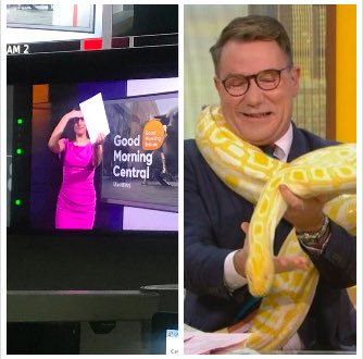 yasminbodalbhai's tweet photo. Trying to rehearse our @ITVCentral @gmb bulletins without looking at the huge snake wrapped around @RichardAArnold neck...🐍 If I haven’t fainted, I’ll be back just after 7 #scaredofsnakes 🐍 https://t.co/jZ1JCZREqZ
